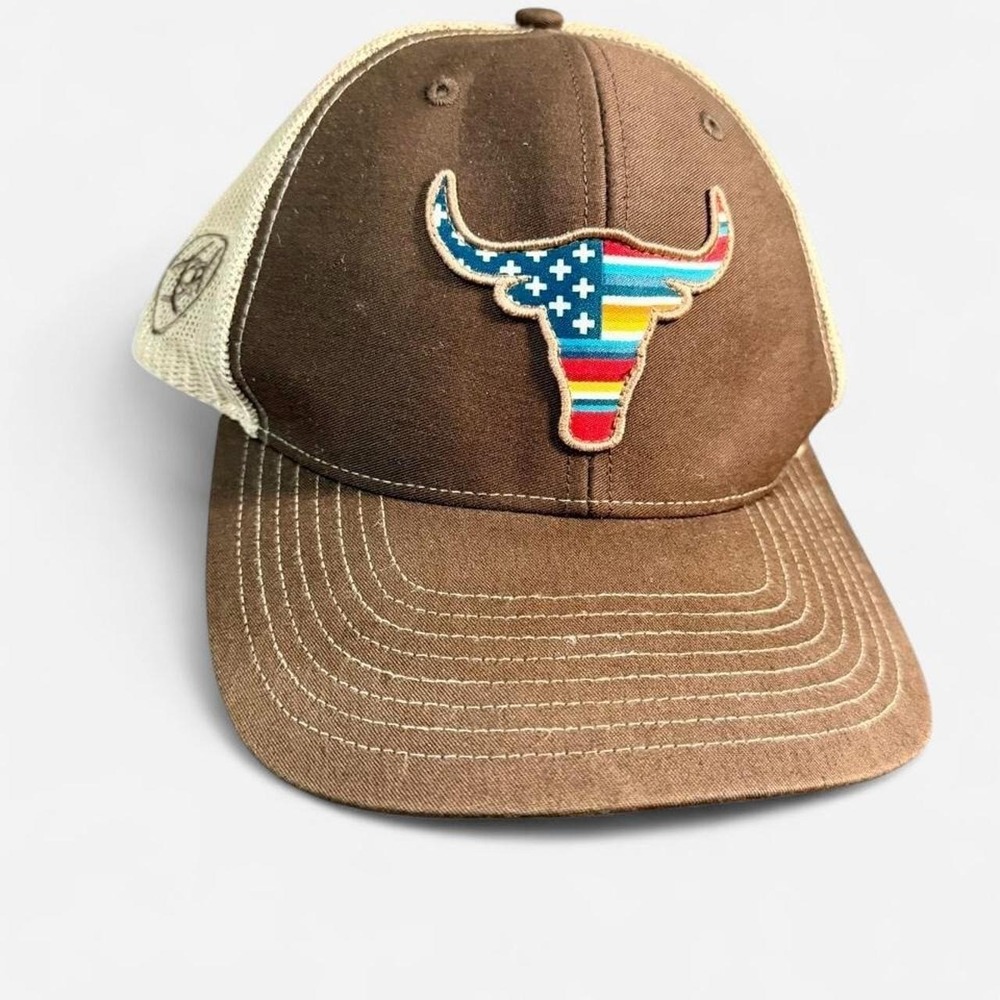 Ariat Trucker Hat Mens OS Brown American Flag Serape Bull Head Mesh Snapback